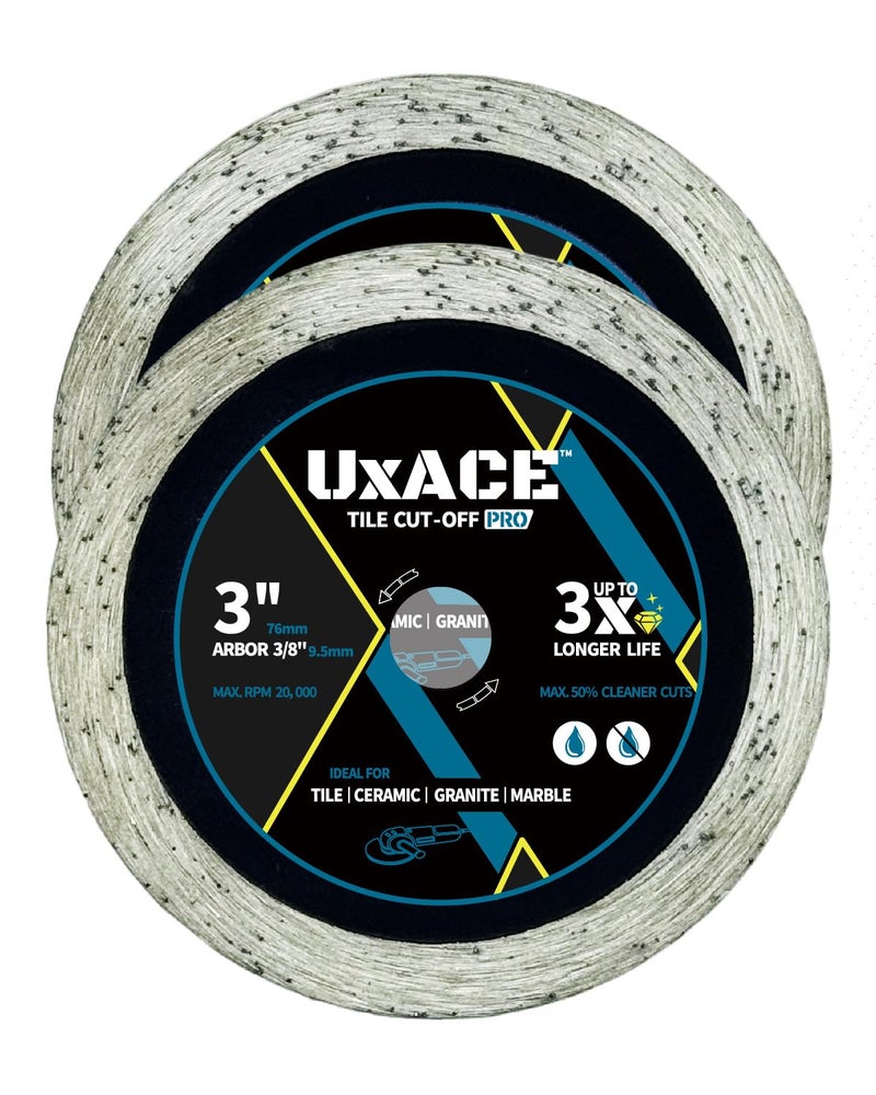 UXACE 3 Inch Diamond Blade, 3/8 Inch Arbor, 3'' Super Thin Diamond Tile Blade for Angle Grinder & Tile Saw, General Purpose Diamond Cutting Wheel for Ceramic, Tile, Marble, Granite, Porcelain, 2 Pack - Image 1